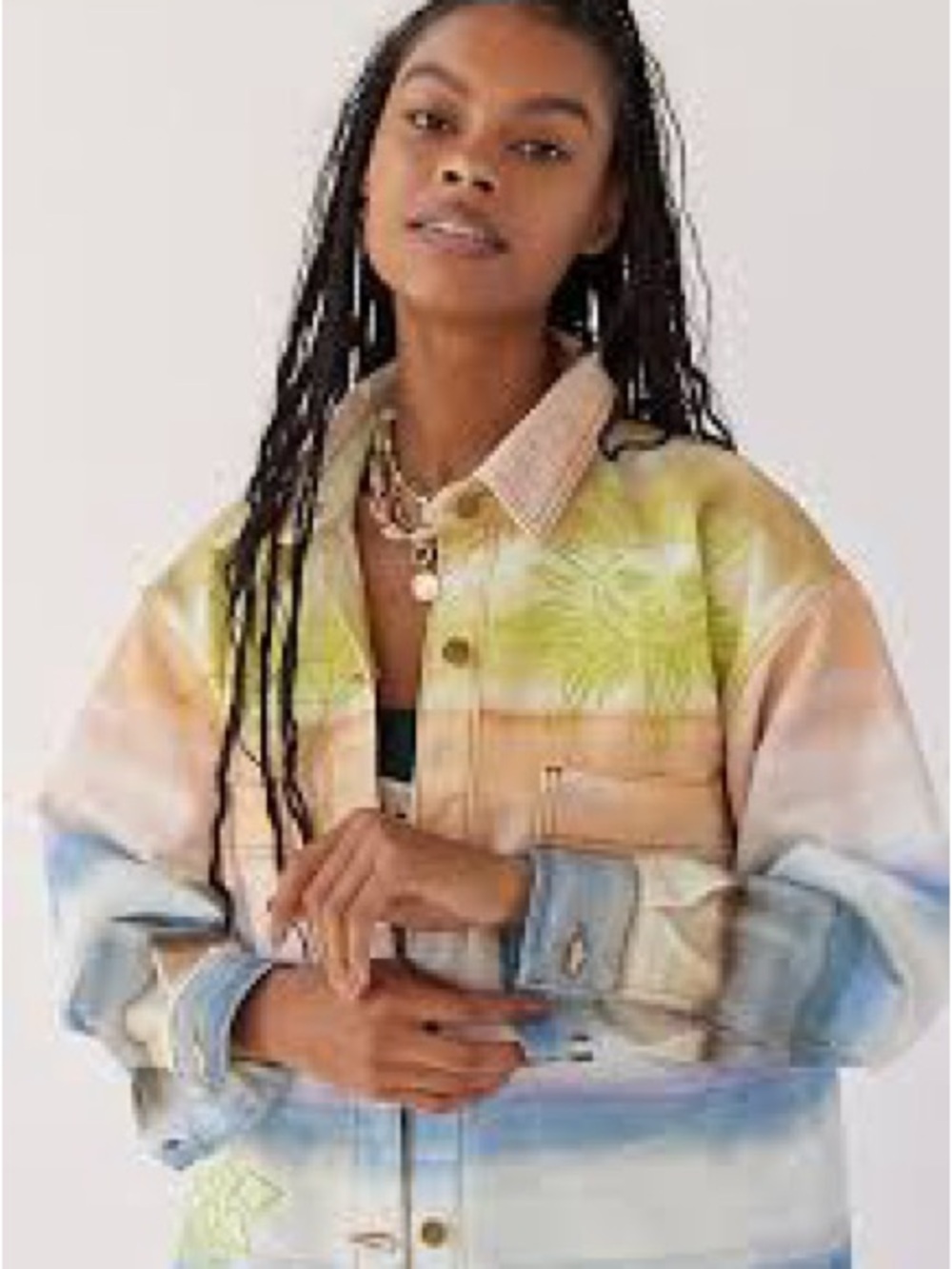 BDG Pastel Striped Jean Jacket with Palm Motif